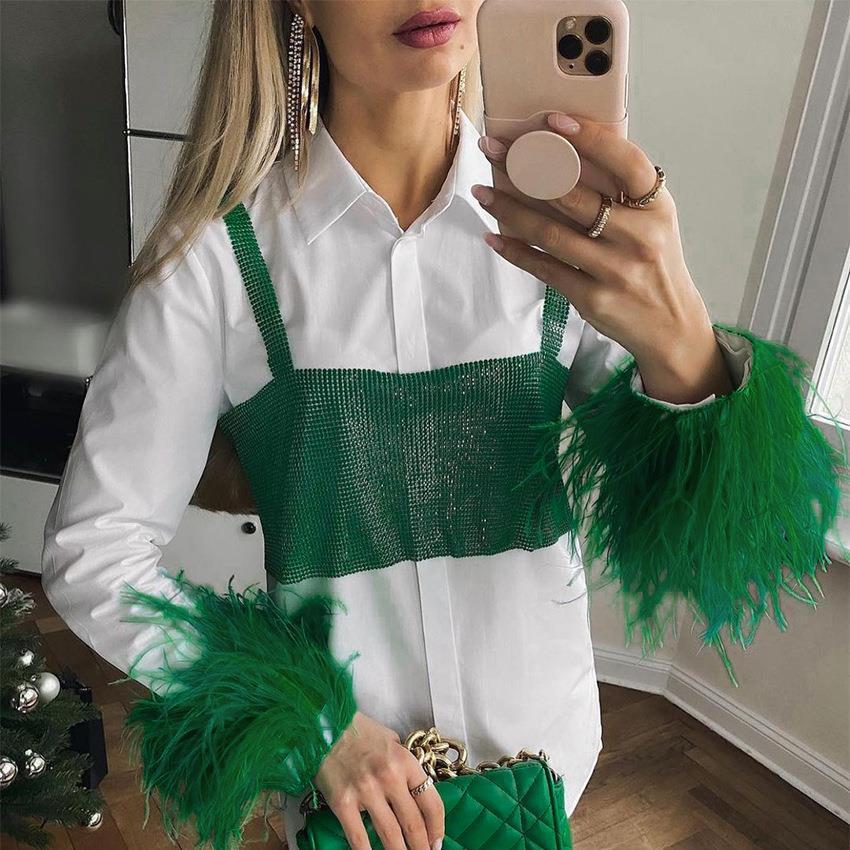 White Ostrich Feather Slim Fit Long Sleeve Blouse Shirt for Women