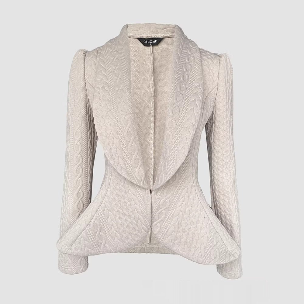 Womens Khaki Knitted Jacquard Lapel Coat with Fitted Waist and Long Sleeves