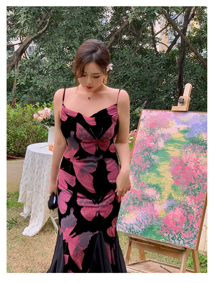 High-grade Adult Lady Like Woman Wind Flocked Printed Butterfly Dress