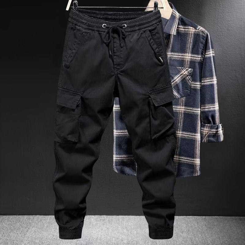Loose Tapered Solid Color Cotton Overalls with Drawstring