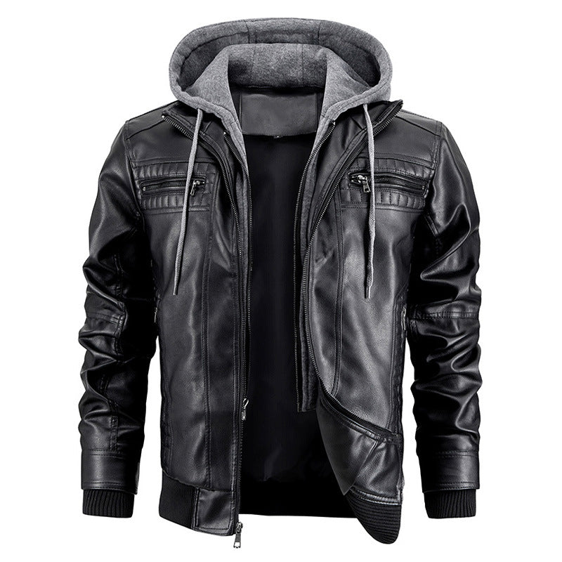 Blouson à capuche en cuir PU pour hommes avec poches zippées - Manteau chaud et tendance