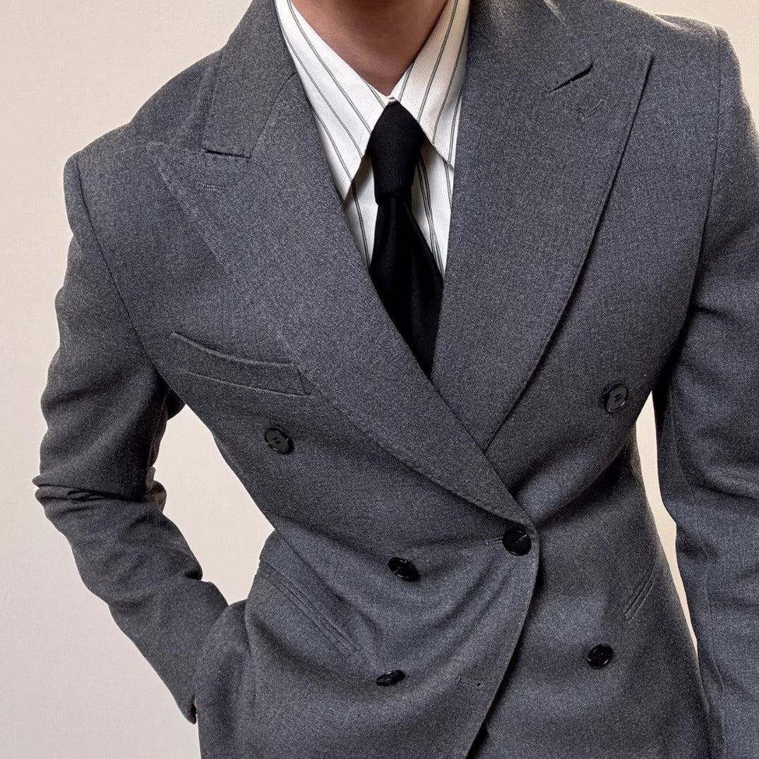 Spring Italian Slim Fit Double Breasted Suit in Tan, Black, Gray, Khaki