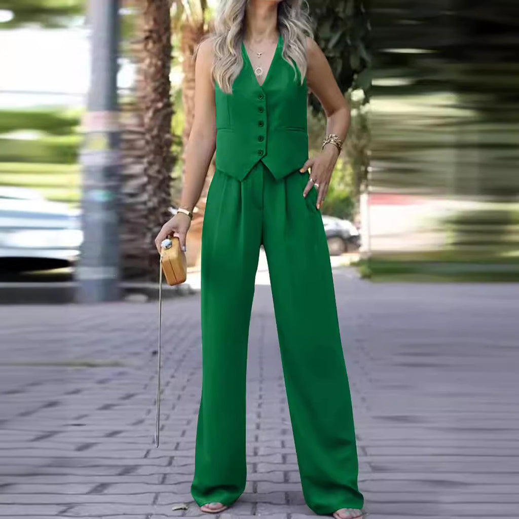 Ensemble tailleur gilet sans manches col V et pantalon large