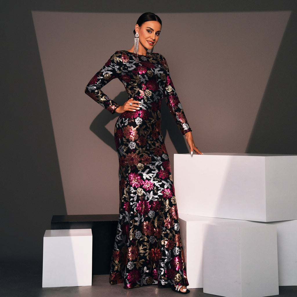 Long Sleeve Sequined Evening Gown Crew Neck Bridesmaid Dress