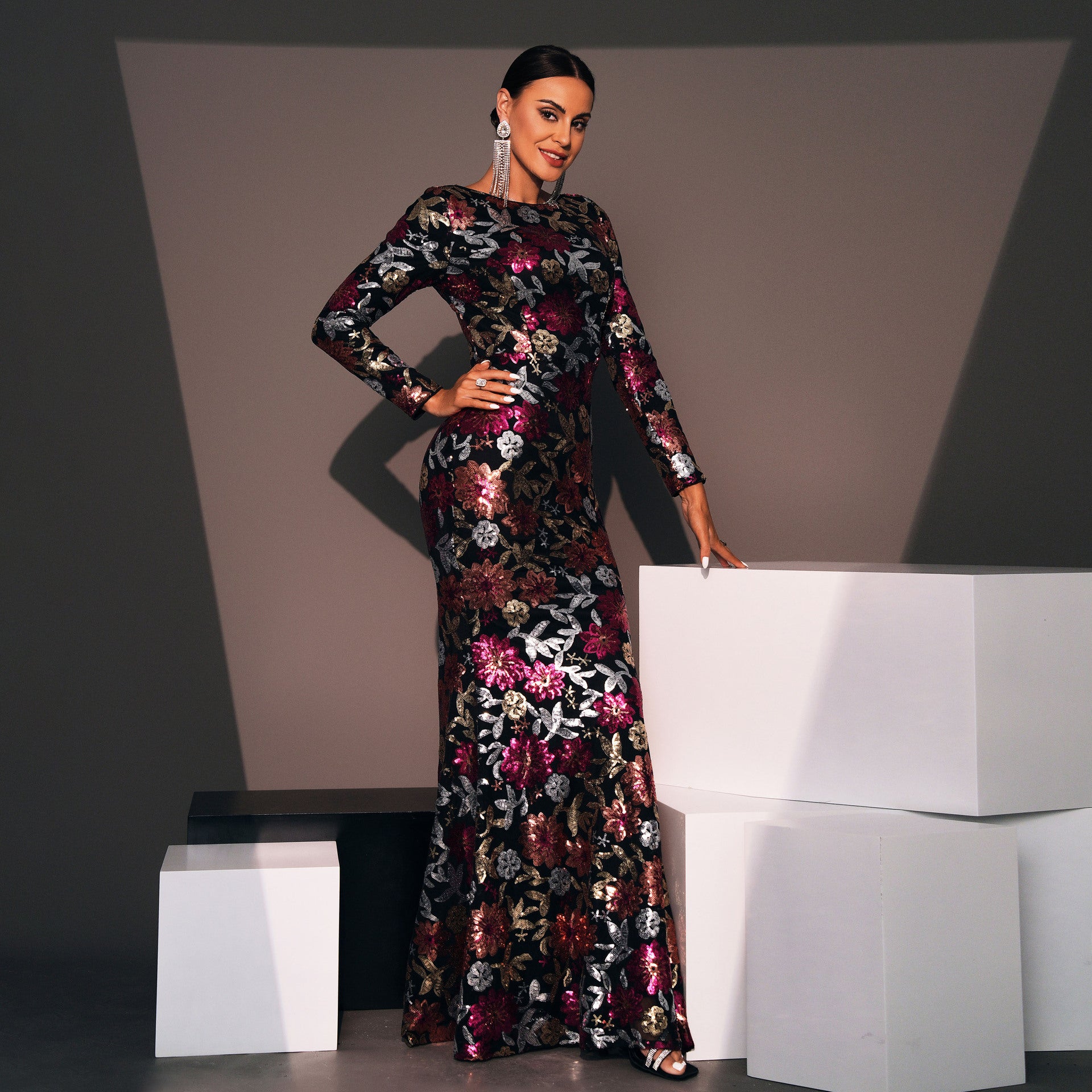 Long Sleeve Sequined Evening Gown Crew Neck Bridesmaid Dress