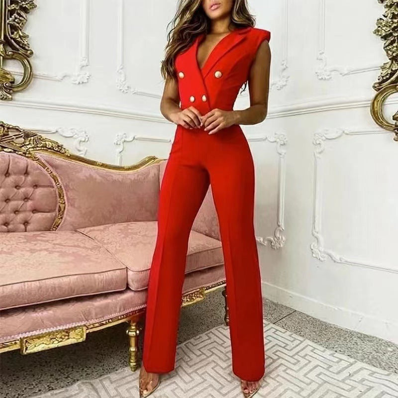 V-Neck Houndstooth Sleeveless Jumpsuit for Women Professional Wear