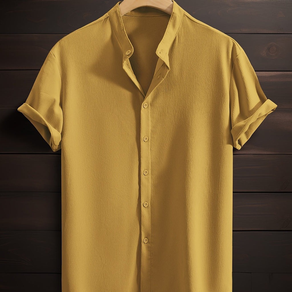 Men's Casual Breathable Polyester Short Sleeve Stand Collar Shirt