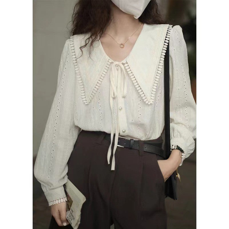 Chemise col large pointu style français pour femme, design début de printemps