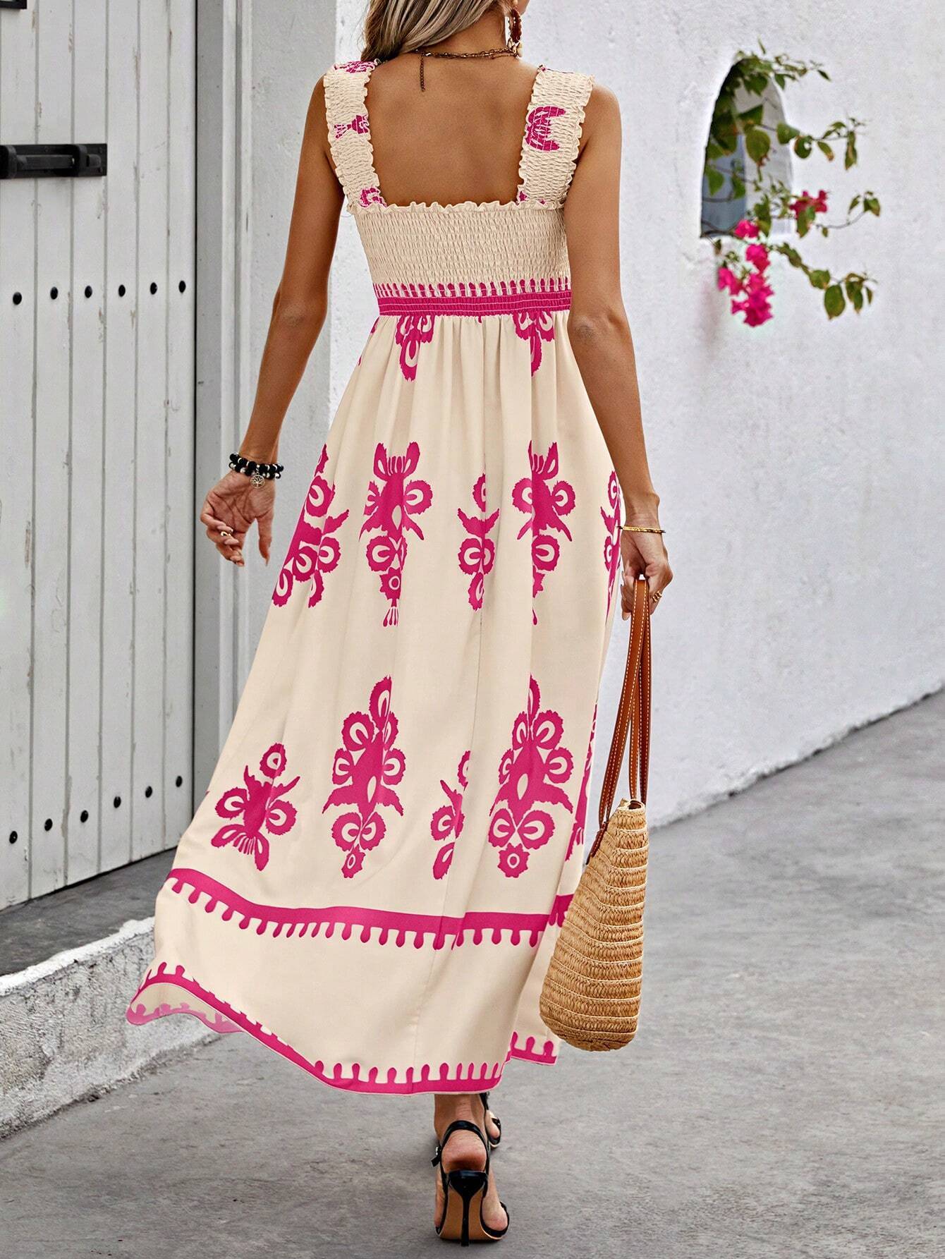 Holiday Style Printed Front Cross Mid-length Dress