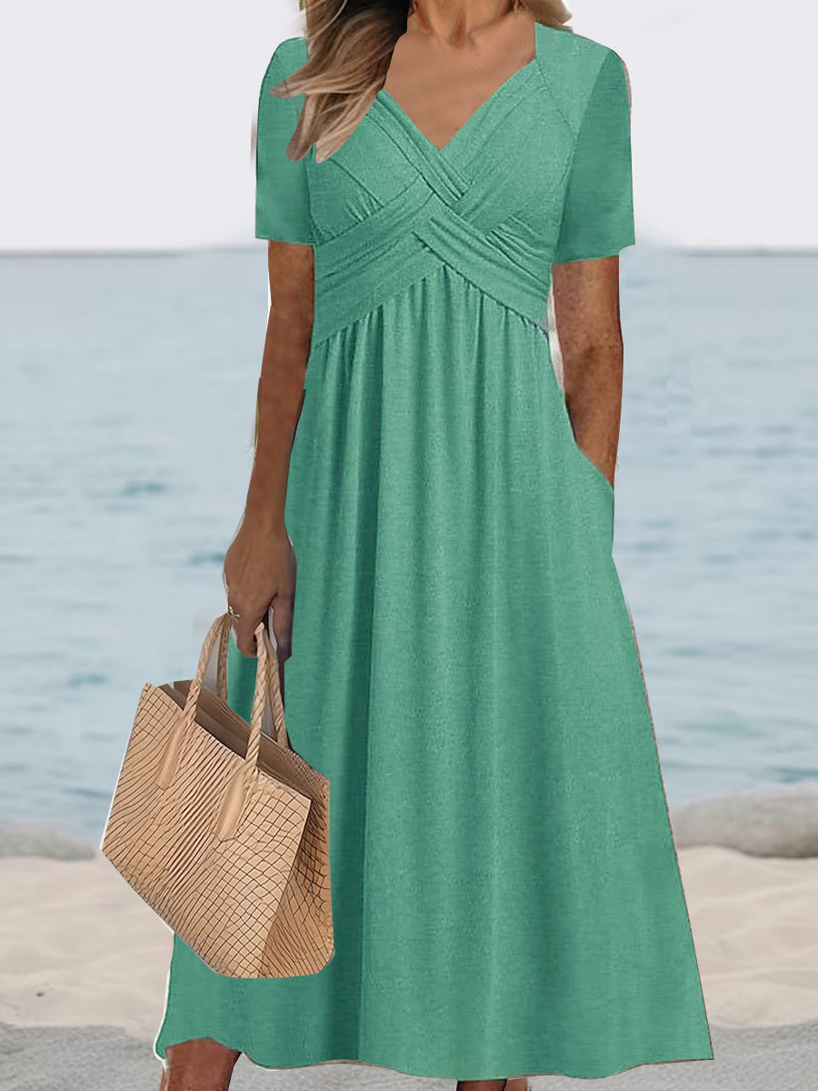 V-Neck Waist-Tight Spring Summer Dress Outerwear Nightdress in Black, Emerald, Peacock Blue, Sizes M-XXXL