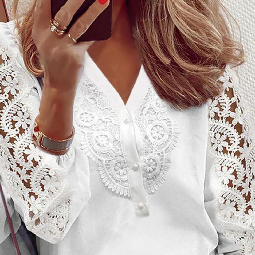 Women's White Solid Lace Patchwork Chiffon Top S-3XL