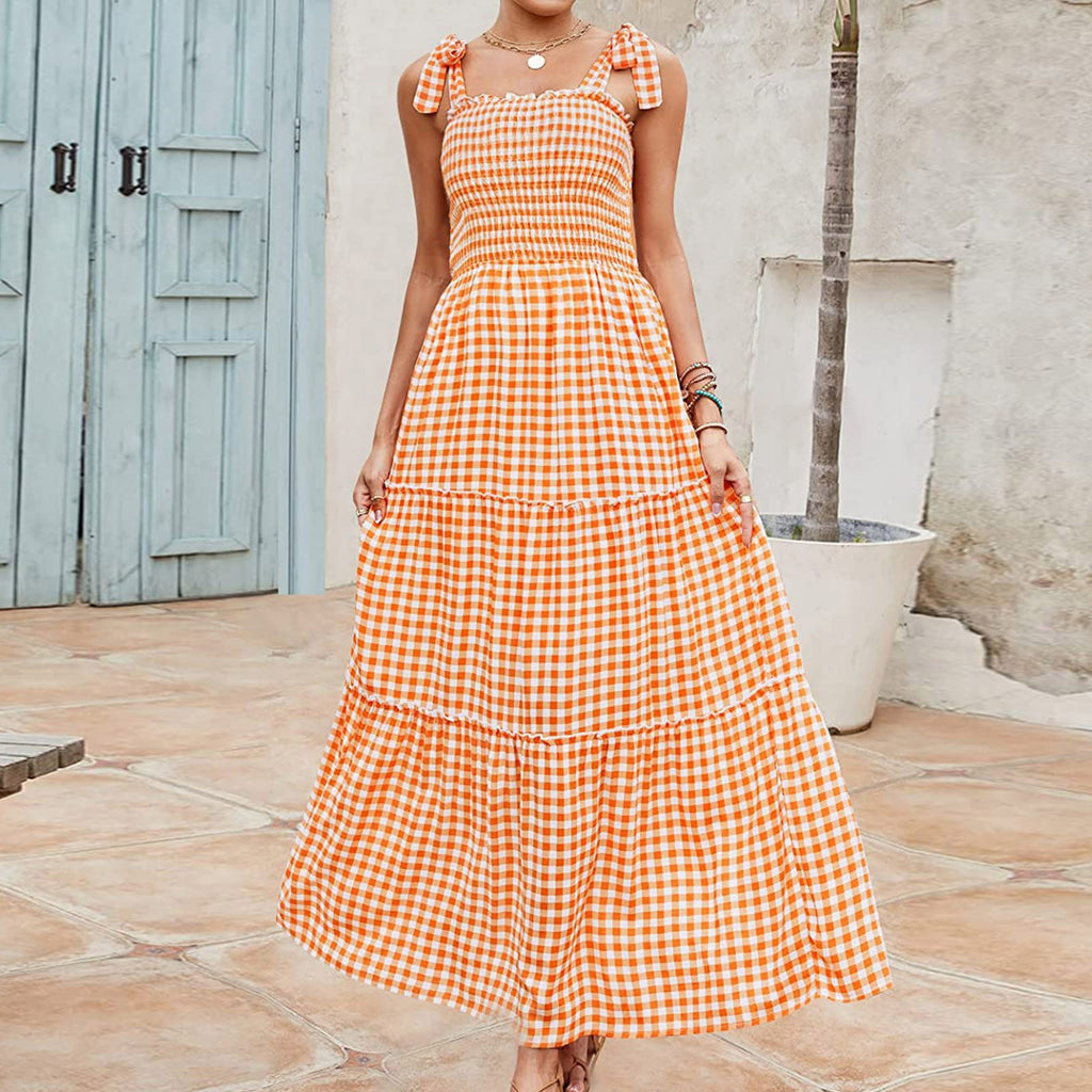Robe longue à carreaux avec nœud pour femme