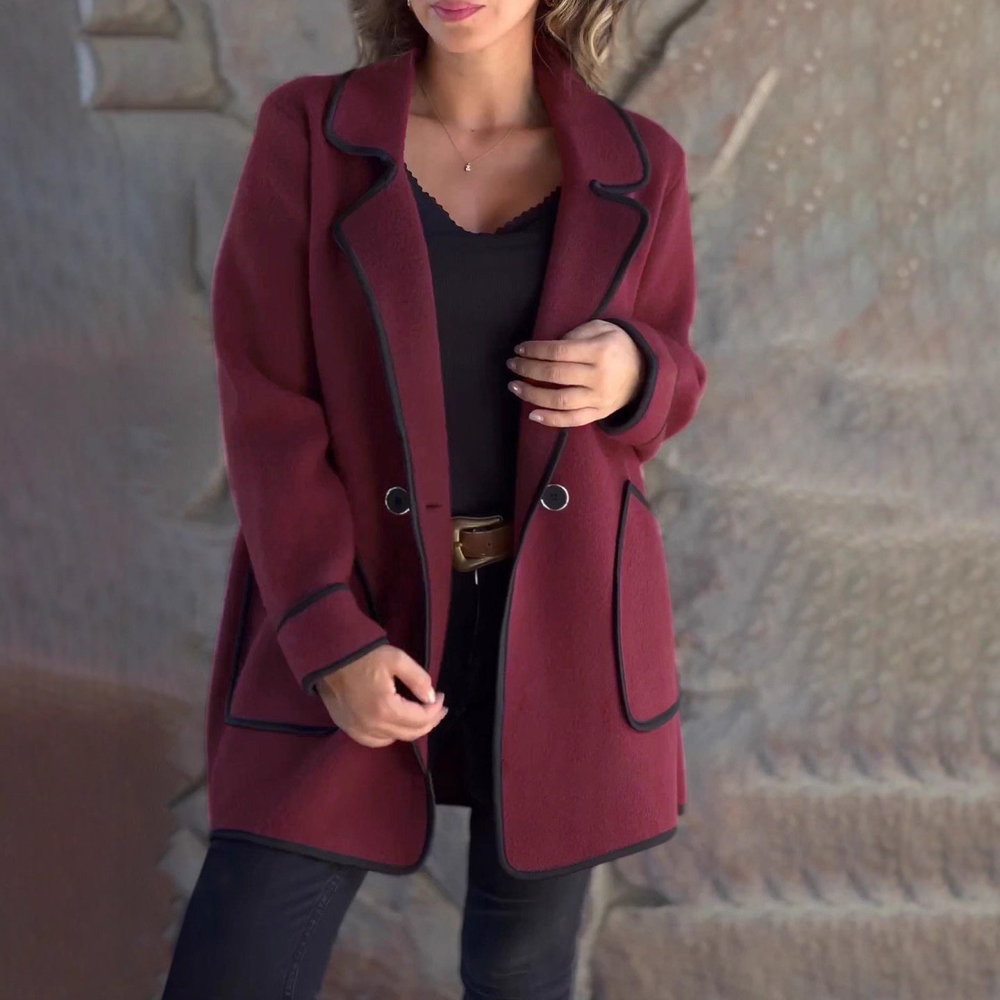 Women's Autumn Winter Elegant Double-Sided Wool Coat with Fur Collar