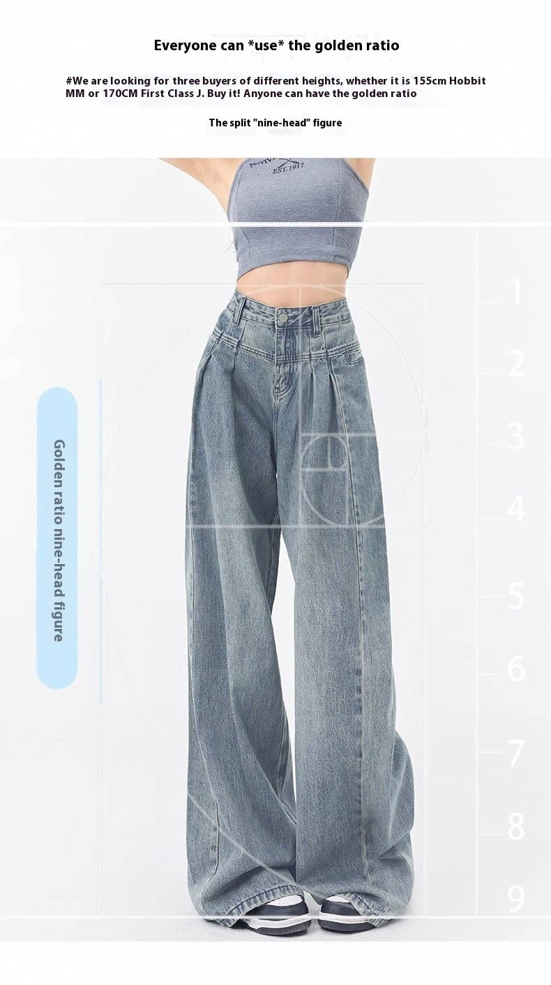 High Waist Pleated Wide Leg Loose Cotton Denim Jeans for Women