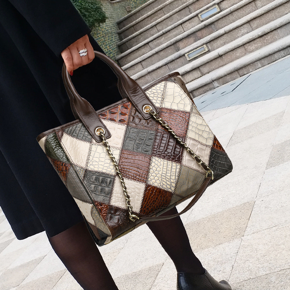 Sac à main pour femme en cuir véritable de luxe léger à carreaux de haute qualité avec contraste de couleurs
