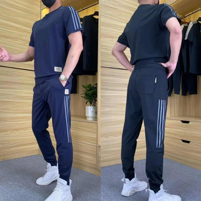 Men's Loose High-Elastic Ice Silk Leisure Suit in Blue, Black, Gray