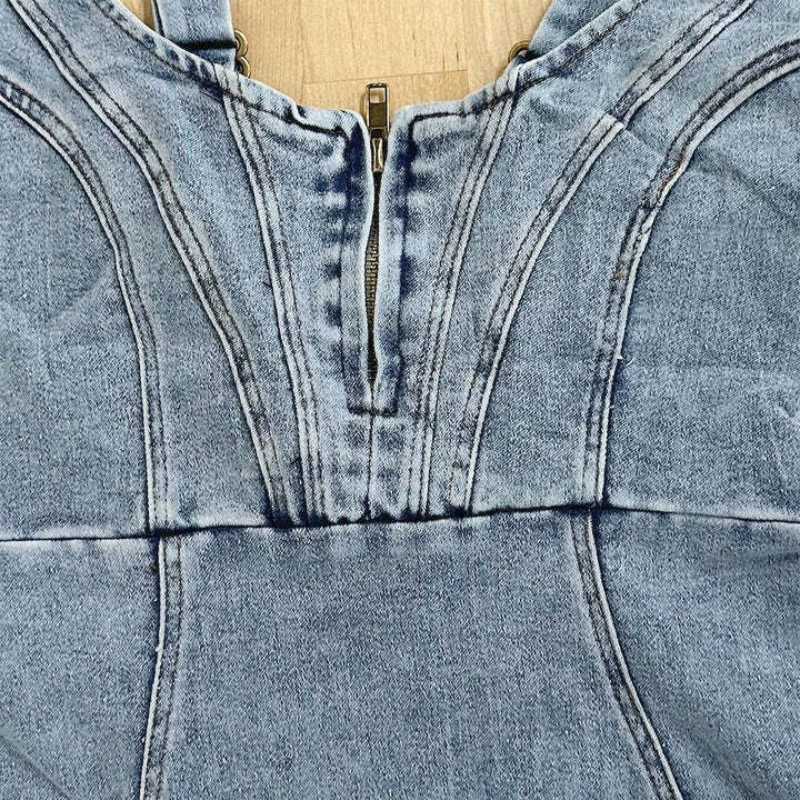 Robe Bretelles en Jean Col U Coupe Slim avec Fente pour Femme