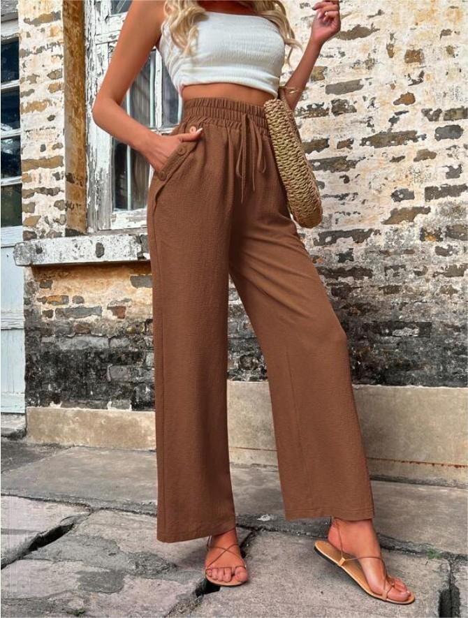 High Waist Casual Women's Pants with Elastic Drawstring & Pockets