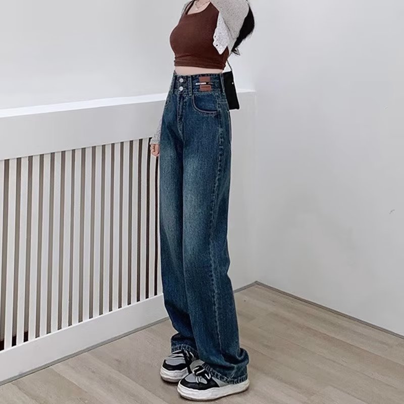 Retro Blue High Waist Straight Wide Leg Jeans Plus Size Women