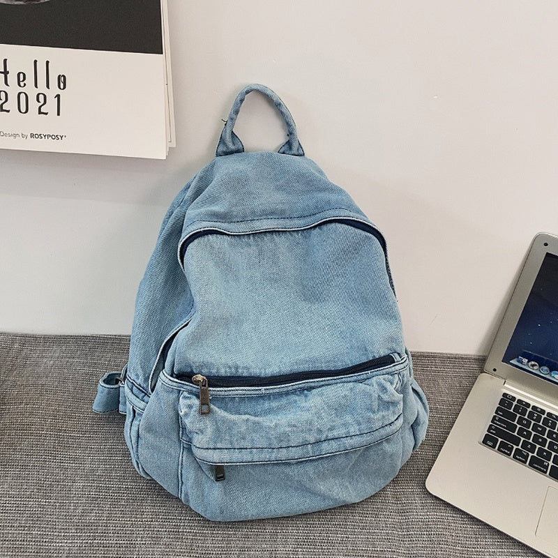 Minimalist Washed Denim Canvas Shoulder Bag - Blue & Grey, 38x34x12CM