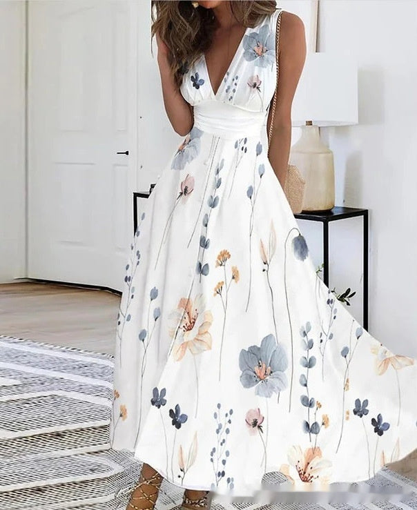Spring Summer V-Neck Sleeveless Waist-Controlled A-Line Dress