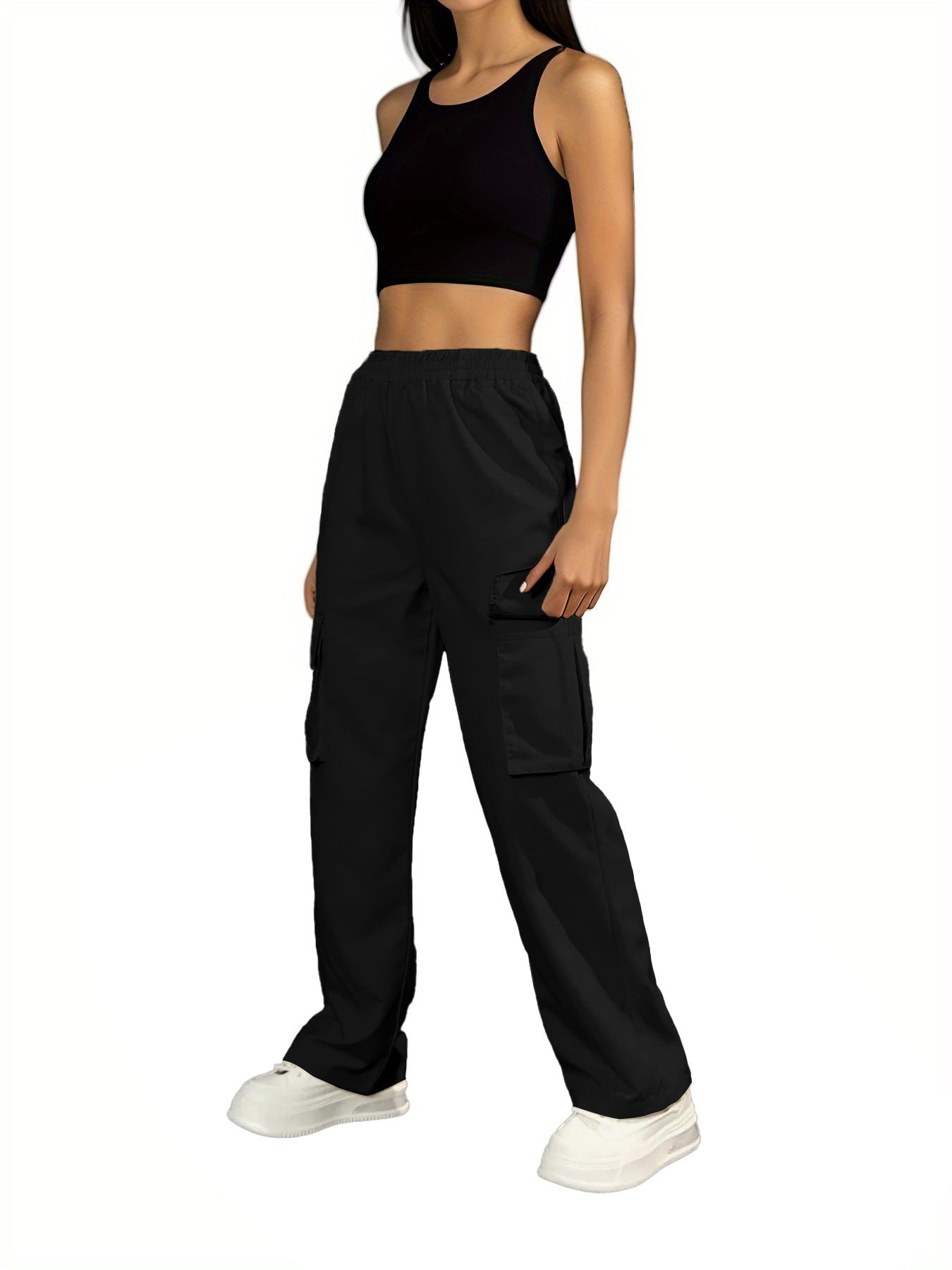 Solid Color High Waist Flip Pocket Overalls For Women