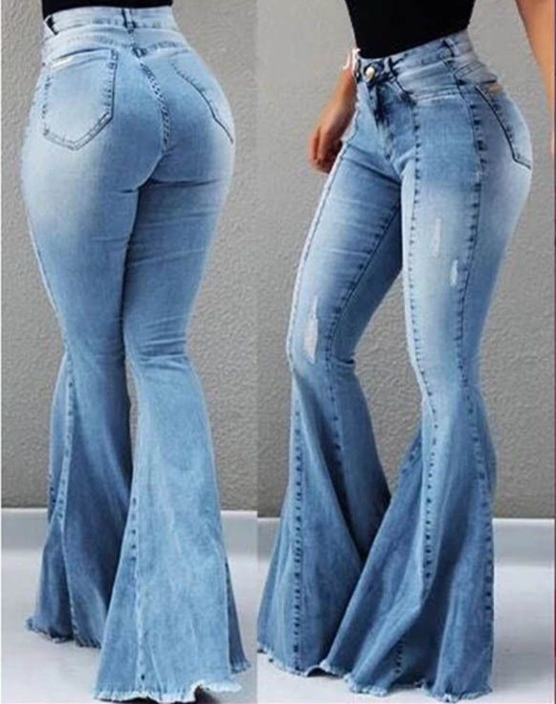 High Waist Elastic Ripped Denim Bell-Bottom Pants for Women