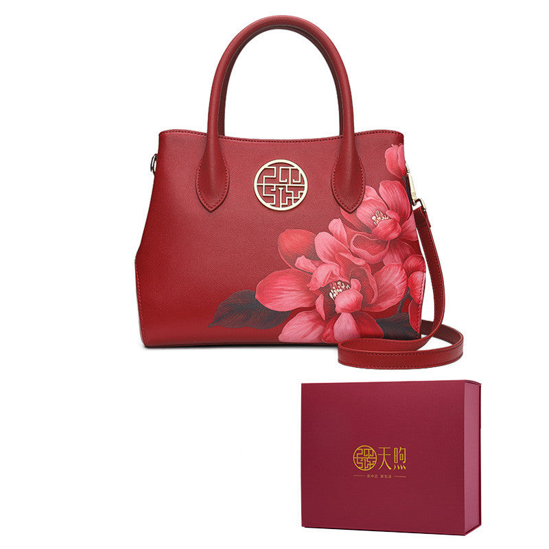 Women's Stylish Cow Leather Handbag with Floral Design and Zipper Closure