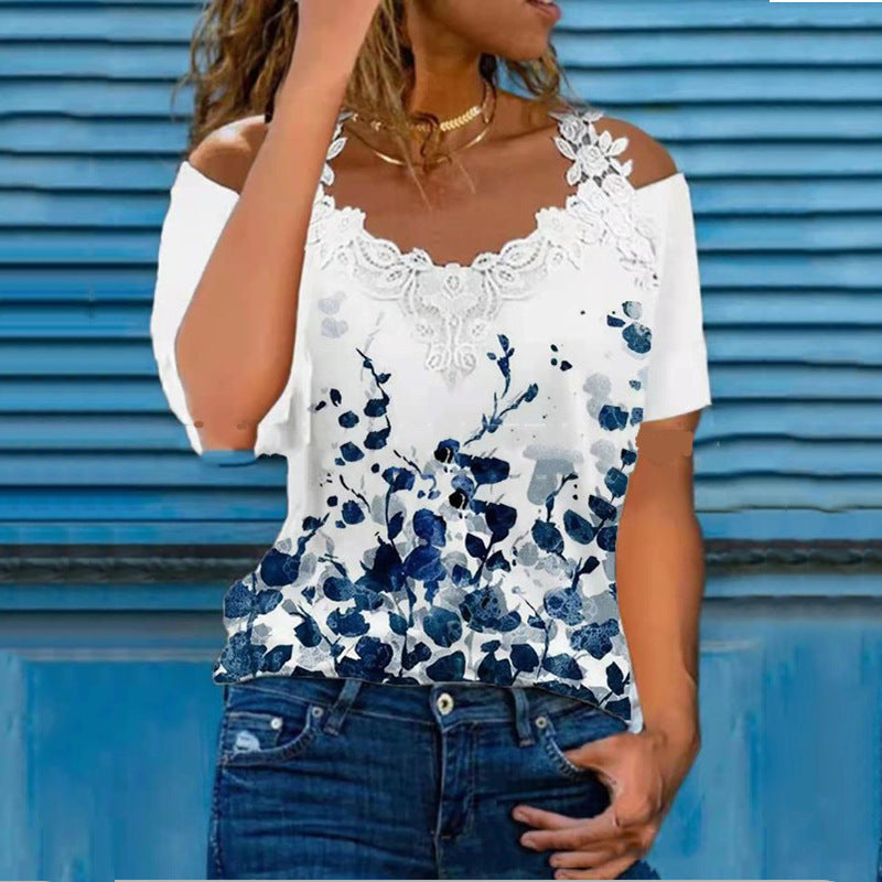 V Neck Lace Shoulder Short Sleeve Casual Top