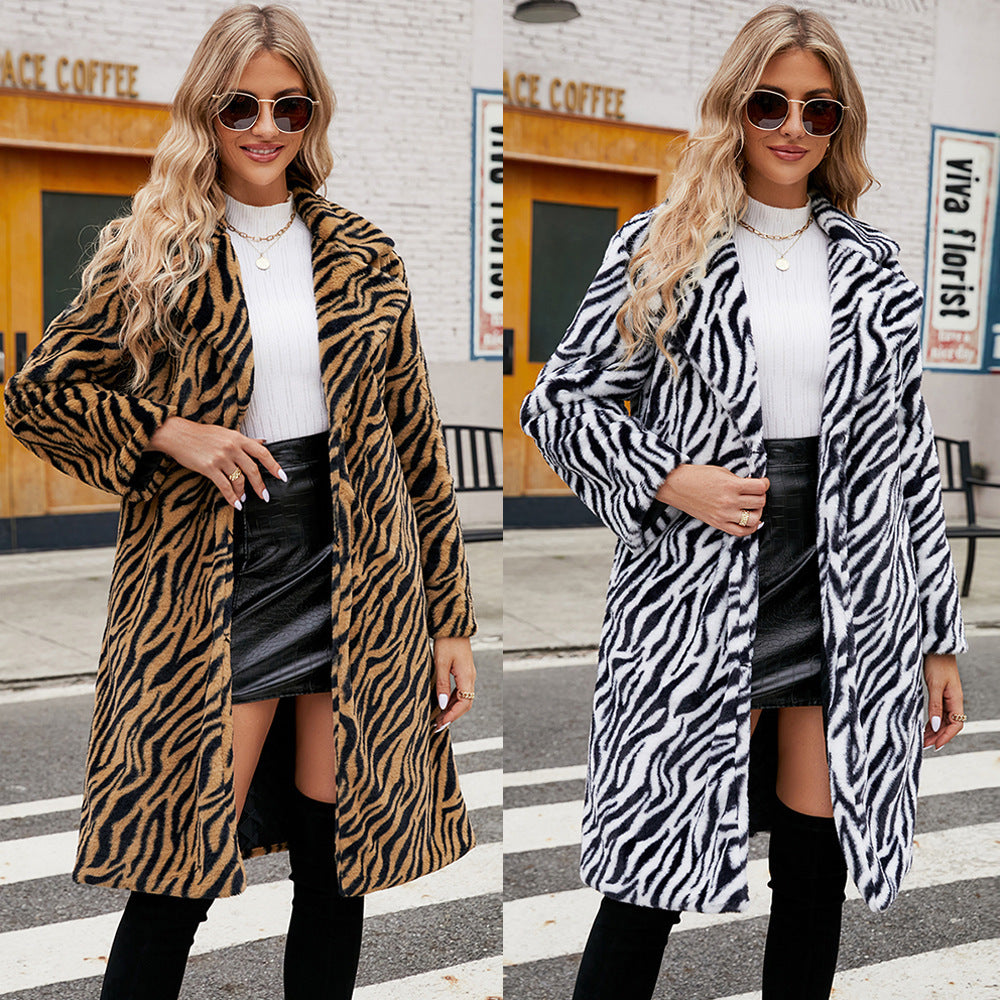 Zebra Pattern Faux Fur Long Coat Artificial Leather Collar Autumn Winter Plush Coat
