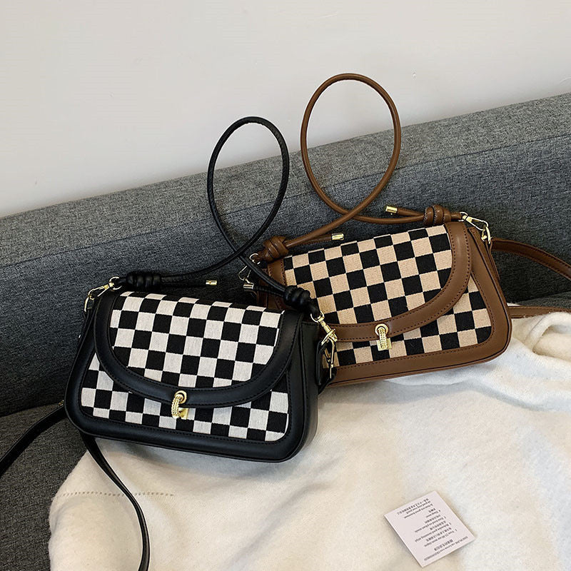 Plaid PU Messenger Bag 26x16x6cm Black Brown