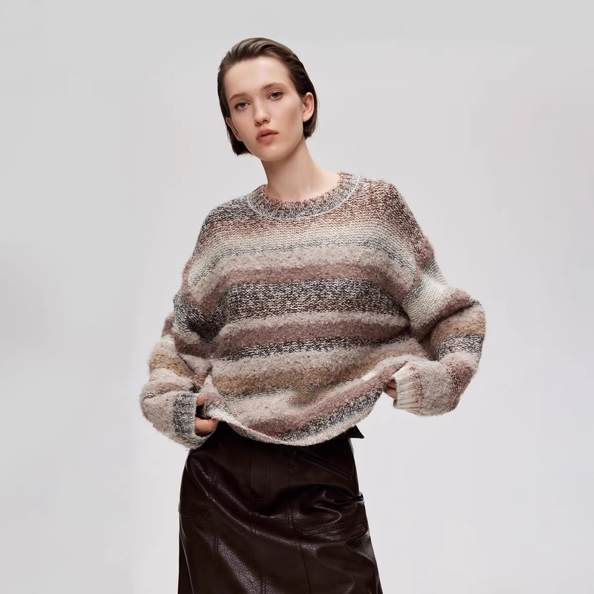Gradient Striped Round Neck Drop Shoulder Loose Knit Sweater