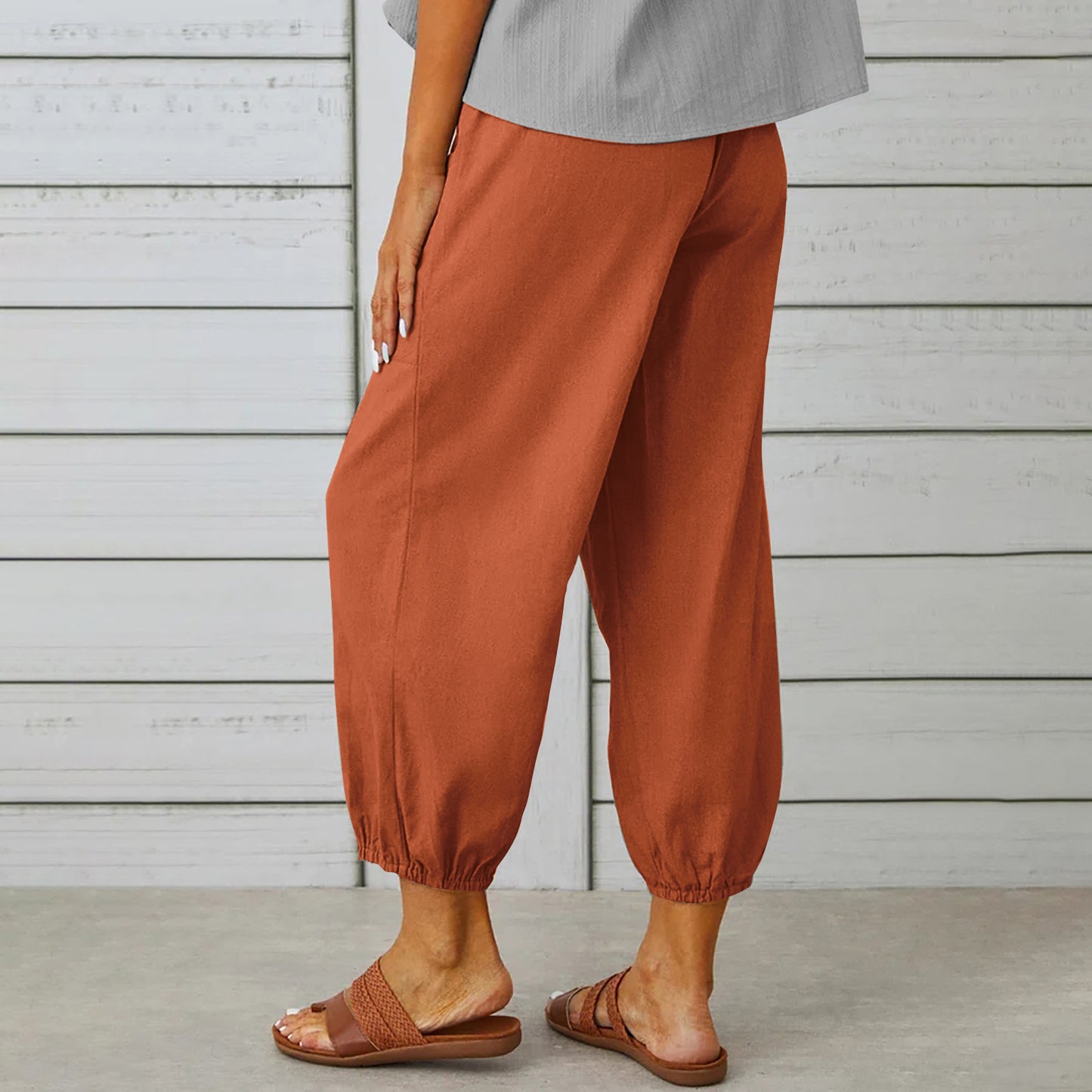 Women’s Cotton Linen Drawstring Pants With Pockets & Button - Spring Summer