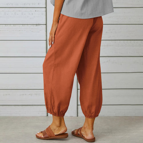 Pantalon femme en coton et lin avec cordon de serrage, poches et boutons - Printemps/Été