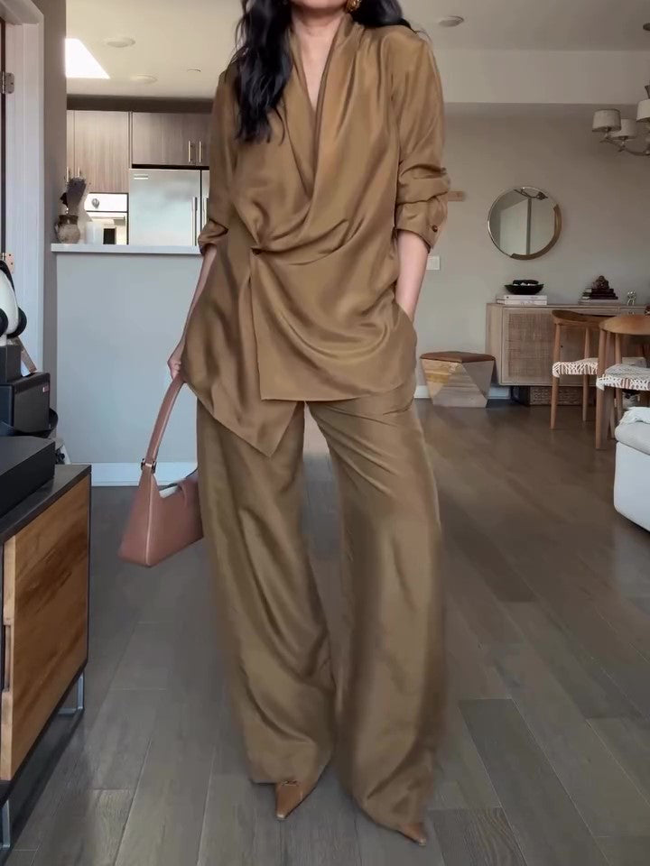 Wrap-Style Satin Blouse & Wide-Leg Pants Set