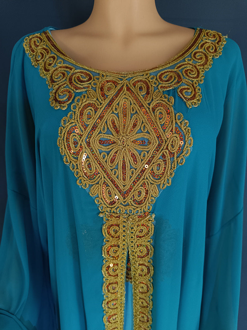 Bell Sleeve Embroidered Gold Lace Arabian Gulf Dress