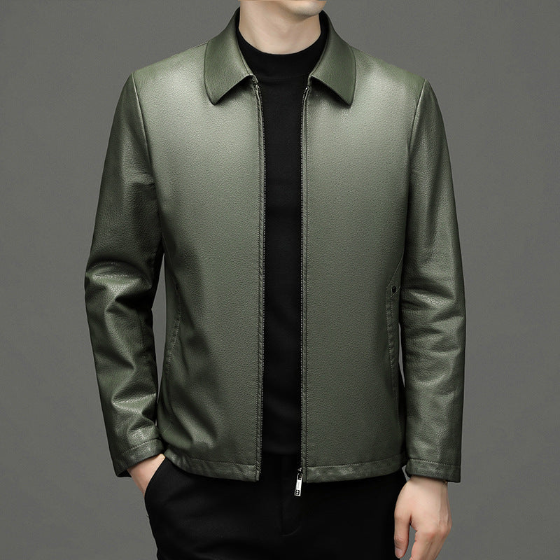 Men's Lapel Real Cowhide Leather Coat Jacket Ecological