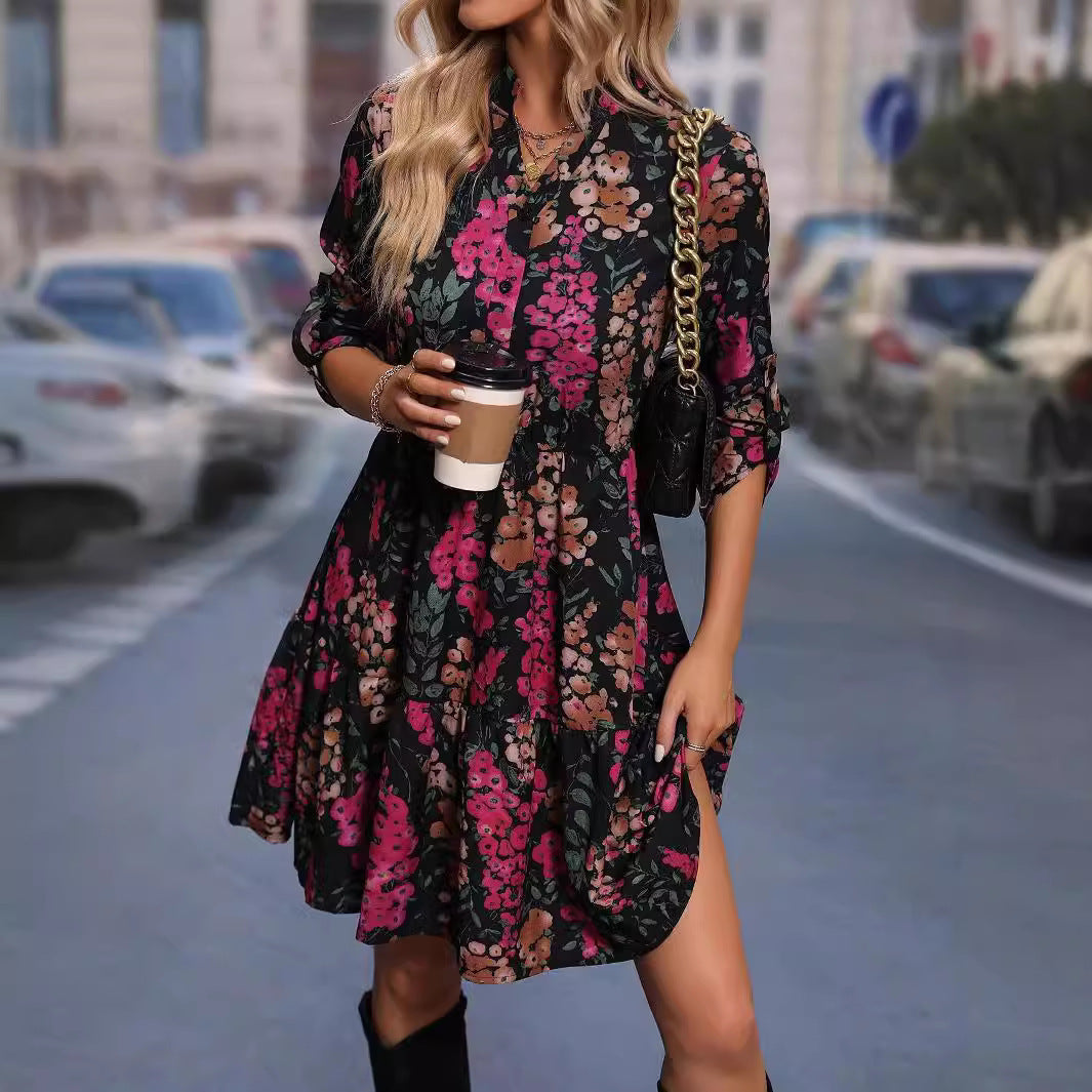 Elegant Black Printed Pullover Shirt Dress for Women