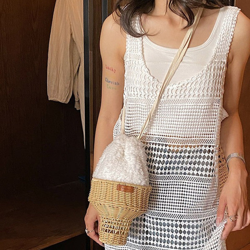 Sac cylindrique en paille et rotin tressé avec cordon de serrage – Hauteur 29 cm