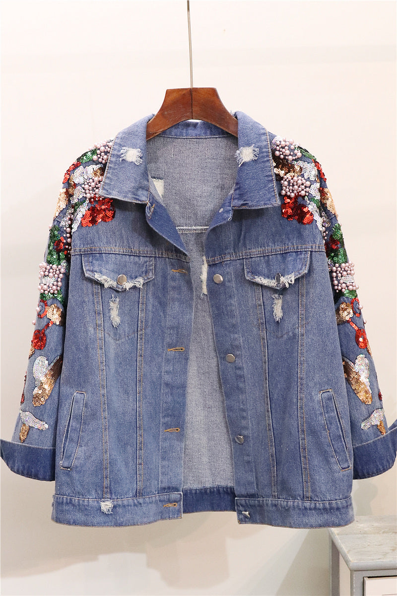 Loose Slimming Denim Jacket Women Embroidered Beaded Sequins Heavy Industry Blue