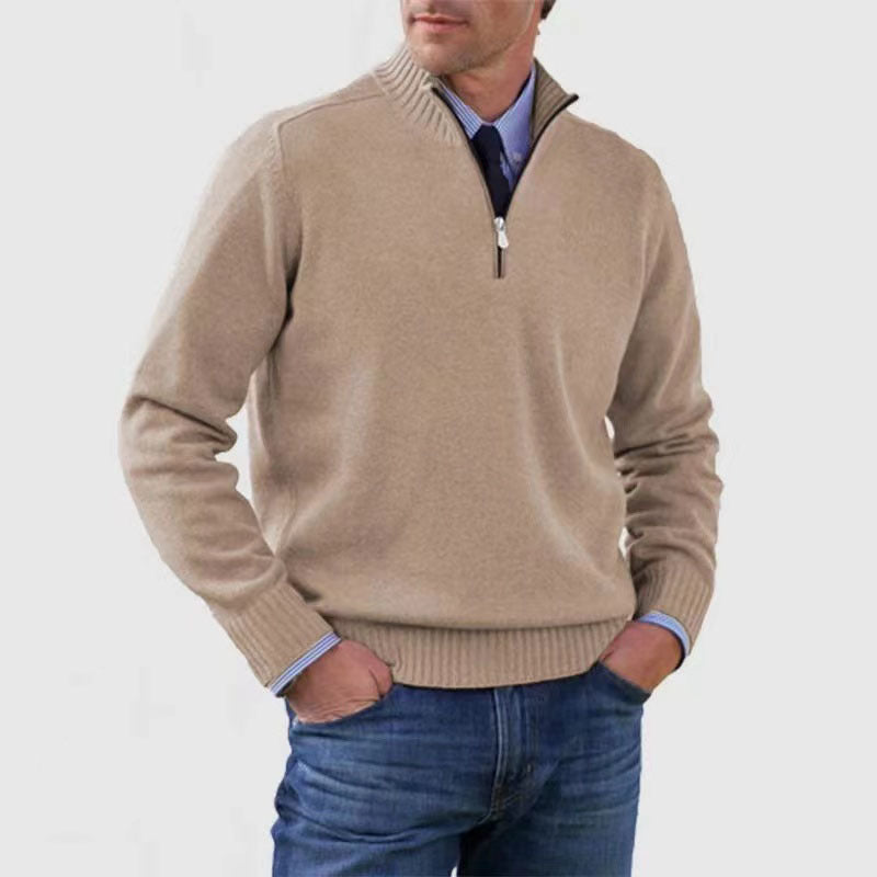 Pull tricoté à col montant zippé à manches longues pour homme, coupe ajustée