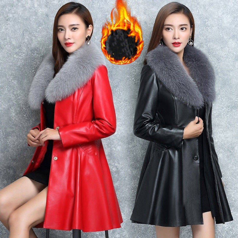 Women's Faux Fox Fur Collar Coat in Black & Red, Sizes S-XXXXL