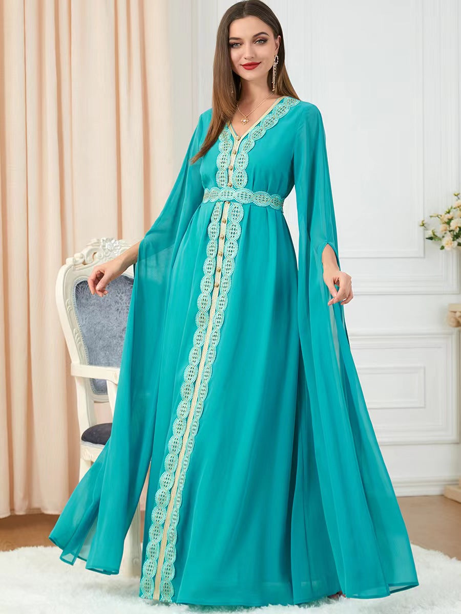 Robe de soirée élégante à col en V ethnique avec épissure en rose, vert et violet