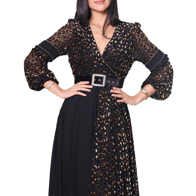 Deep V-Neck Black Polyester Dress European American Elegant Sexy