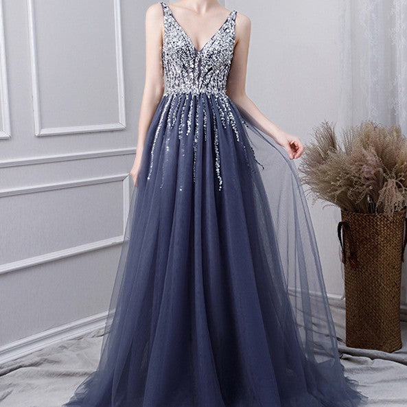 Noble Elegant Long Gray Annual Conference Host Dress Polyester Fiber