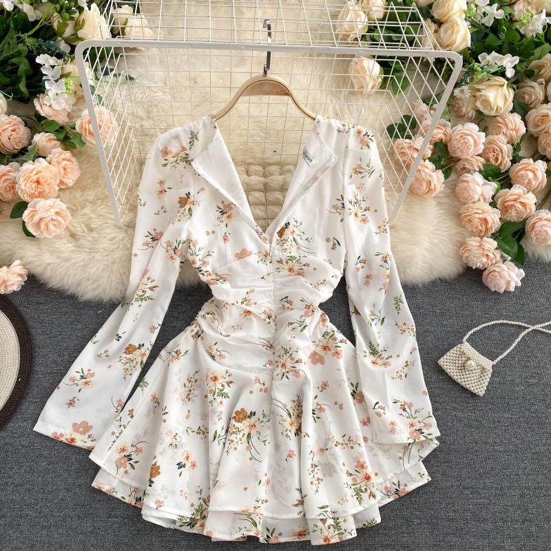 Jupe longue plissée à manches longues à imprimé floral rétro pour femme