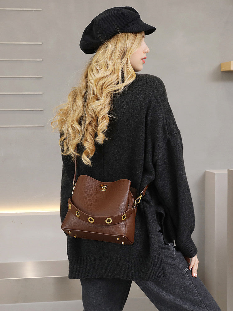 Women's Top Layer Leather Handheld Messenger Bag - Black, Mocha, Brick Red