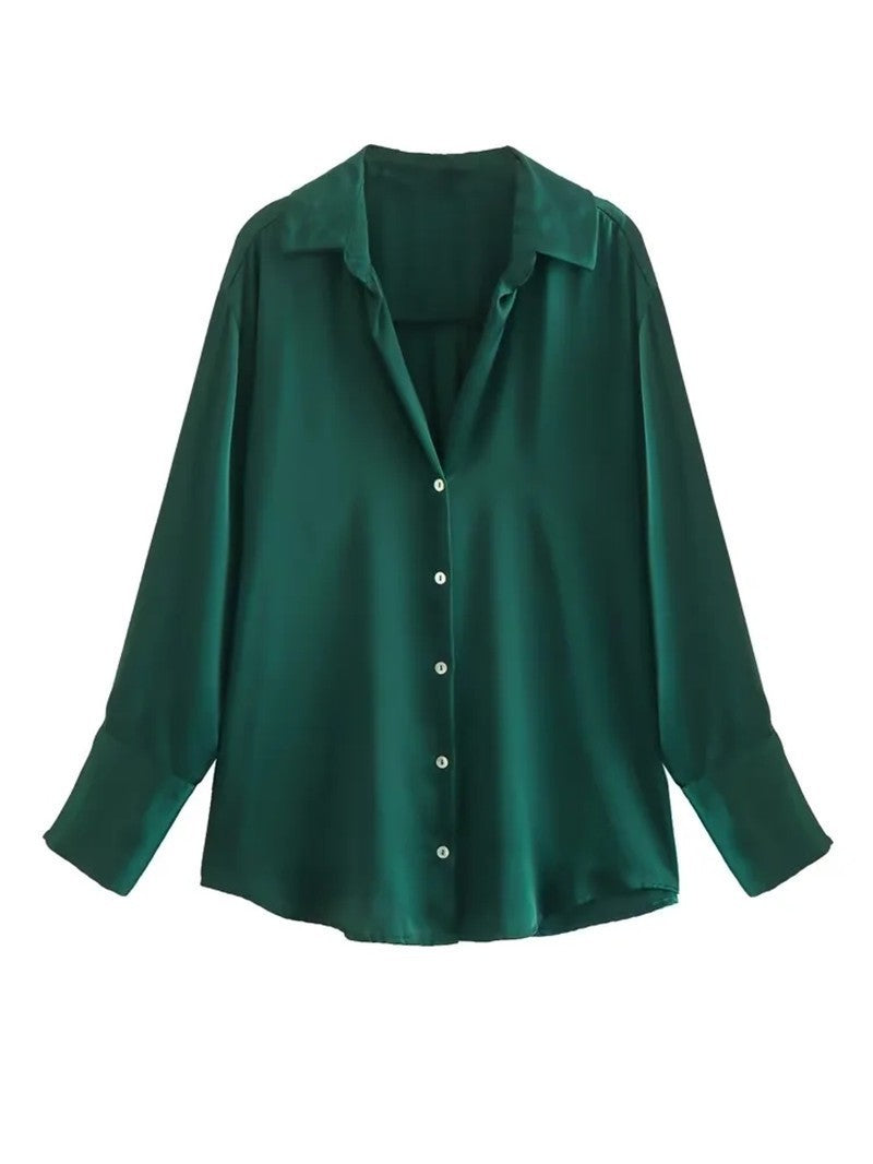 All-match Silk Satin Texture Draping Long-sleeved Shirt For Women