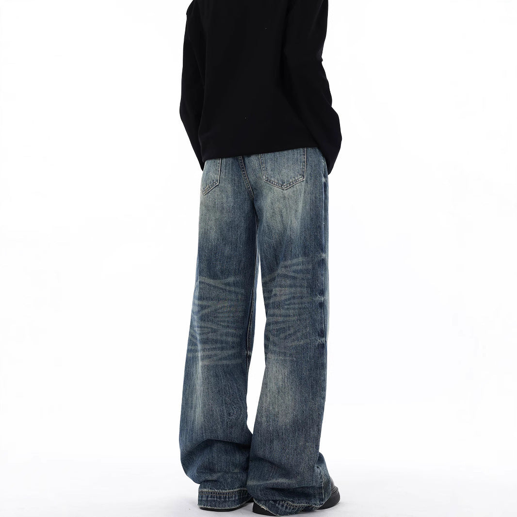 Men's Retro Blue High Waist Straight Cotton Jeans