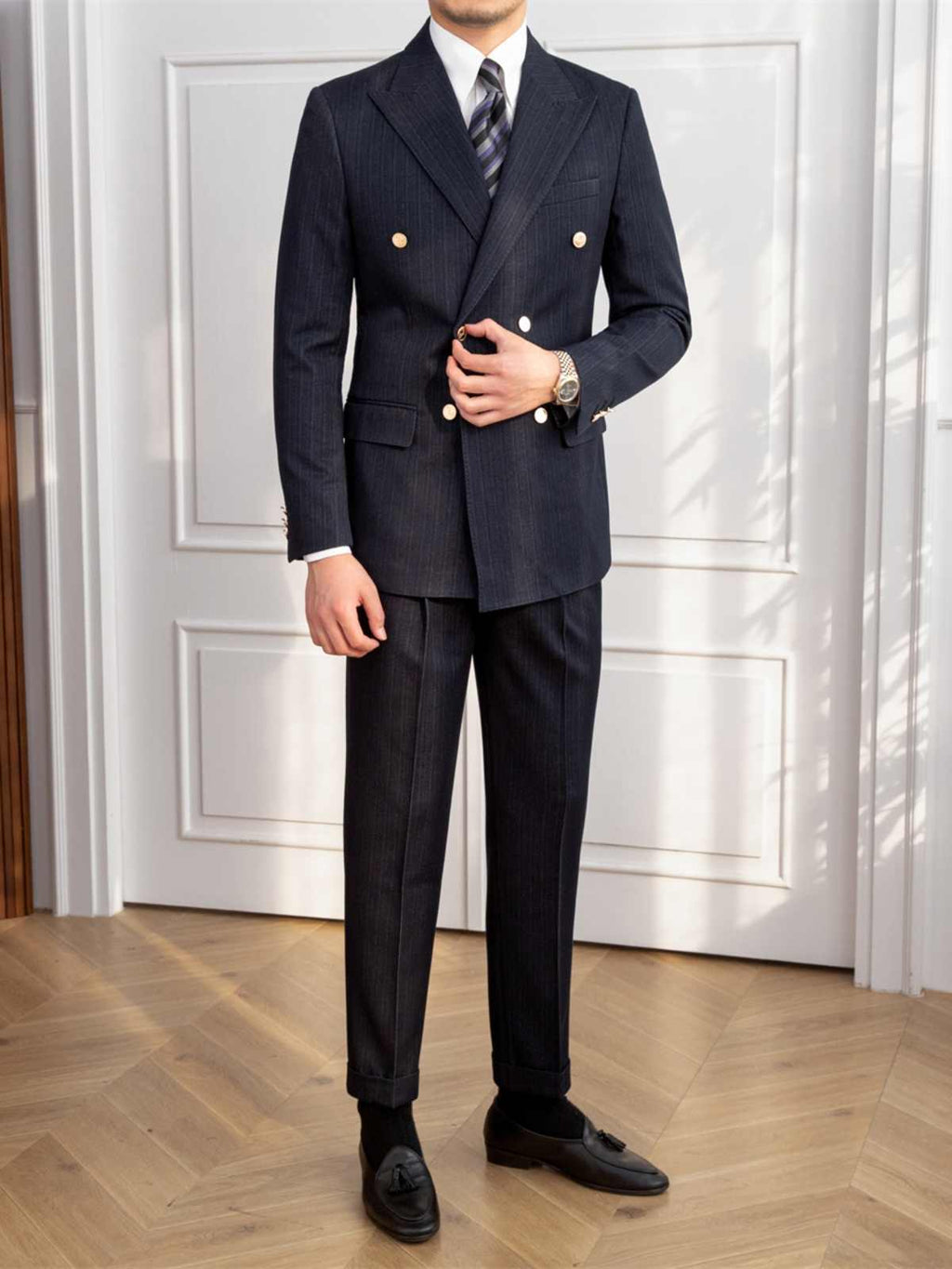 Autumn Double Breasted Slim Fit Striped Suit